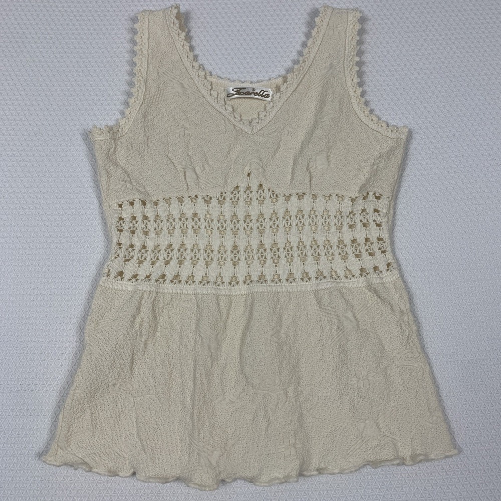 Isabella Cream Crochet Lace Trim Tank Top Womens Small V Neck Boho Fairycore